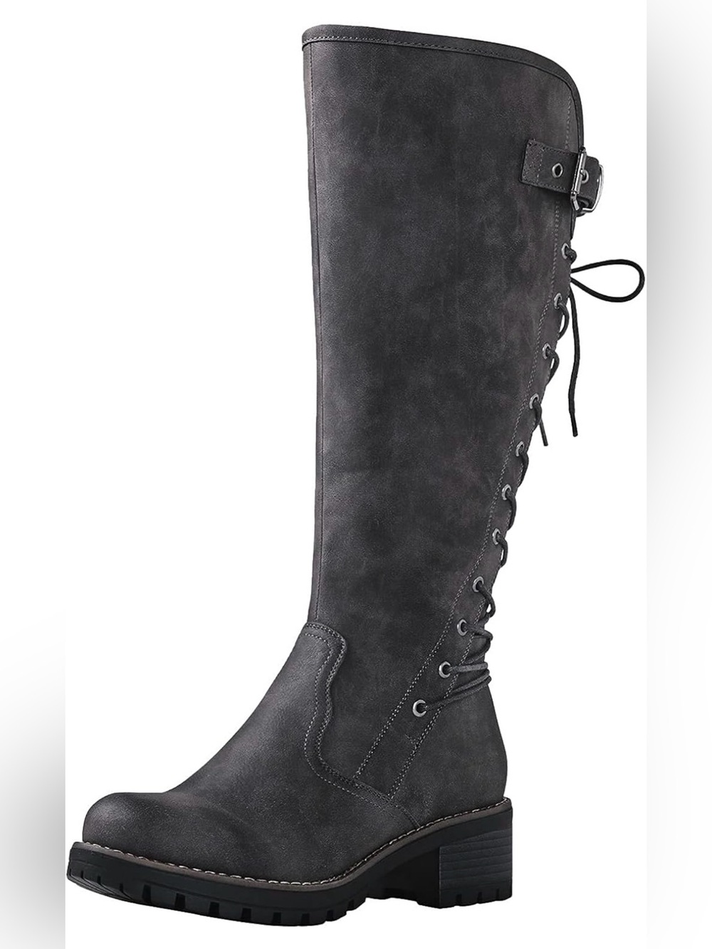 Gray Knee High Boots with Lace Up Backs